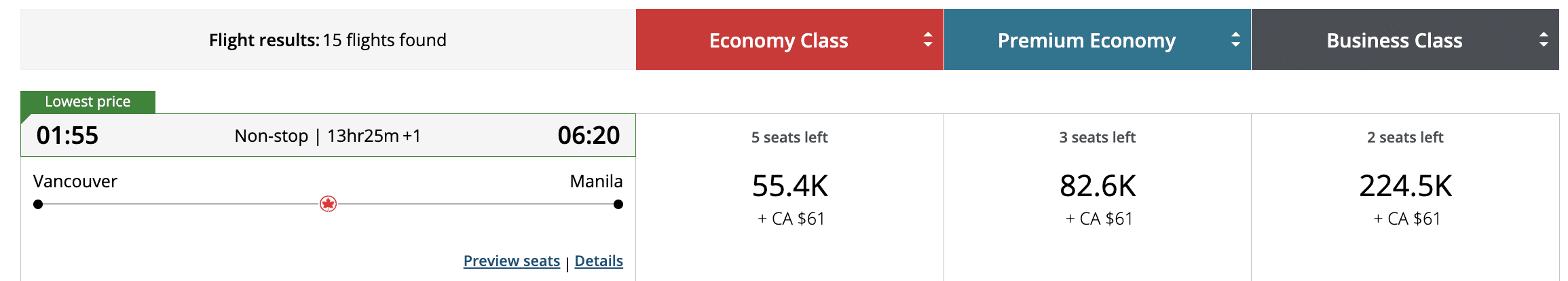 Screenshot of Aeroplan redemption Vancouver to Manila